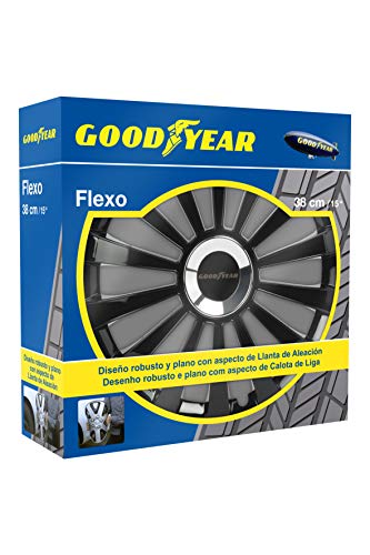 Goodyear GOD9033 1 Juego de 4 tapacubos Color Negro de 15” con tecnología Flexo y Anillo de sujeción Ajustable, Set de 4