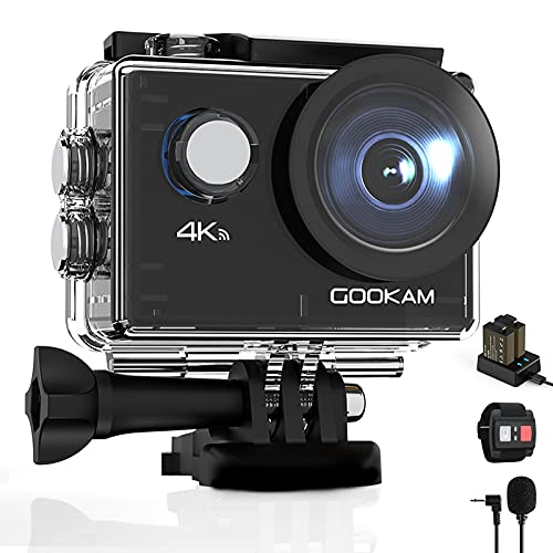 GOOKAM Cámara Deportiva 4K WiFi 20MP Ultra HD Cámara Acción Sumergible 40M Camaras Acuática 170° Gran Angular 2.4G Remoto y Micrófono Externo con 2 Baterías de 1050mAh y Accesorios Multiples-GO 2