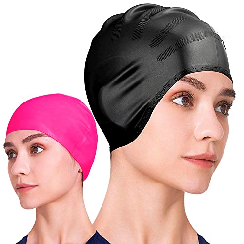 Gorro de natación Gorro de natación de silicona unisex, resistente al agua y protección para el cabello, 2 juegos, 2 estilos, tapones para los oídos y pinzas nasales gratis