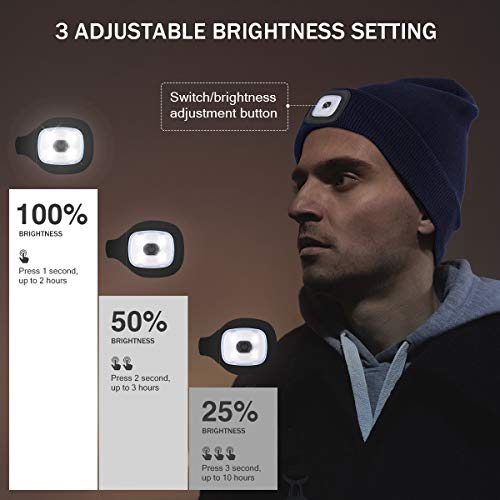 Gorro de Punto con luz, Recargable Gorro Unisex con Iluminado Gorro de Invierno cálido de 4 LED, Manos Libres con 3 Niveles de Brillo (Gris)