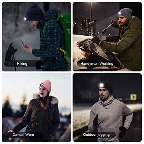 Gorro de Punto con luz, Recargable Gorro Unisex con Iluminado Gorro de Invierno cálido de 4 LED, Manos Libres con 3 Niveles de Brillo (Gris)