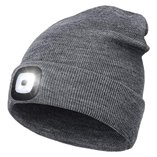 Gorro de Punto con luz, Recargable Gorro Unisex con Iluminado Gorro de Invierno cálido de 4 LED, Manos Libres con 3 Niveles de Brillo (Gris)