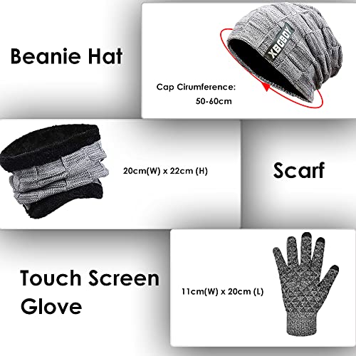 Gorro Invierno Bufanda y Guantes de Pantalla Táctil, Conjunto Térmico de Punto de Invierno 3 en 1, Sombrero de Beanie y Bufanda con Forro Polar Acogedor, Unisex para Hombres y Mujeres (Gris Claro)