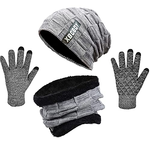 Gorro Invierno Bufanda y Guantes de Pantalla Táctil, Conjunto Térmico de Punto de Invierno 3 en 1, Sombrero de Beanie y Bufanda con Forro Polar Acogedor, Unisex para Hombres y Mujeres (Gris Claro)