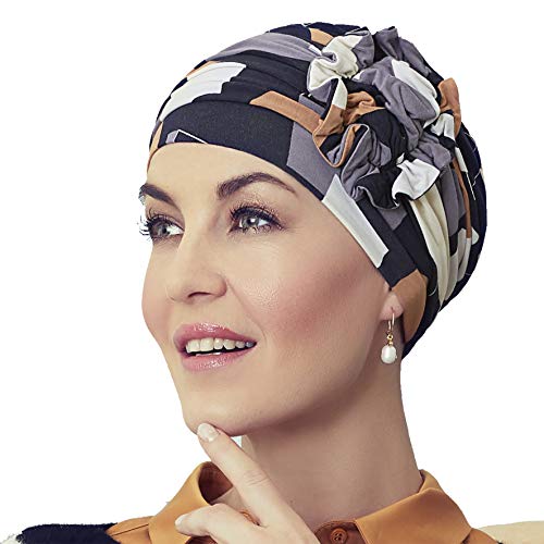 Gorro Lotus con bambú para Mujeres en Tratamiento de quimioterapia - estampado formas marrón