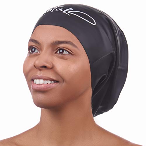 Gorro Piscina - Gorro Natación Mujer y Hombre - Gorro Natación Pelo Largo y Dreadlocks - Gorro de Baño 100% Silicona Extra Grande XL y L - Gorros de Piscina Impermeables Rastas (Negro XL)