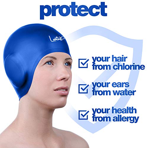 Gorro Piscina Protecion de Oido 3D - Gorro de Natación - Gorro Natación Mujer Hombre - Gorro de Baño Niños y Adultos - 100% de Silicona Impermeable (Azul)