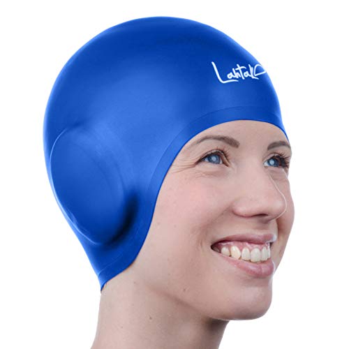 Gorro Piscina Protecion de Oido 3D - Gorro de Natación - Gorro Natación Mujer Hombre - Gorro de Baño Niños y Adultos - 100% de Silicona Impermeable (Azul)