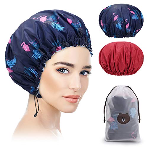 Gorros de Ducha Reutilizables, Eagool 2 Piezas Gorros de Ducha Impermeables de Mujeres Gorro de Baño Elástico con Doble Capa