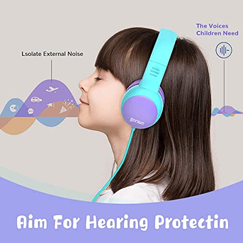 Gorsun Auriculares para niños, Volumen Limitado en el oído Auriculares para niños con Conector de Audio de 3.5 mm para niñas y niños, Auriculares con Cable Ajustable y Plegable (Morada)