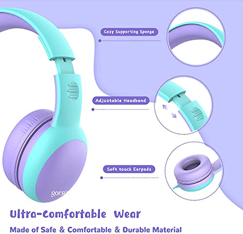 Gorsun Auriculares para niños, Volumen Limitado en el oído Auriculares para niños con Conector de Audio de 3.5 mm para niñas y niños, Auriculares con Cable Ajustable y Plegable (Morada)