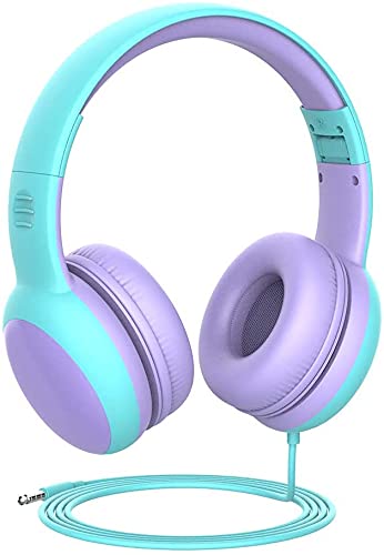 Gorsun Auriculares para niños, Volumen Limitado en el oído Auriculares para niños con Conector de Audio de 3.5 mm para niñas y niños, Auriculares con Cable Ajustable y Plegable (Morada)