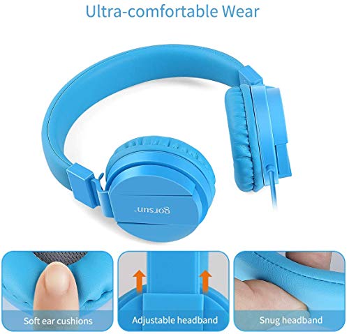 Gorsun® Auriculares para Niños,Plegable Cómodos Auriculares Niños con Seguro Material,Auriculares Infantiles con Ligera Diadema,Estéreo Cerrados Cascos para Niños -Azul