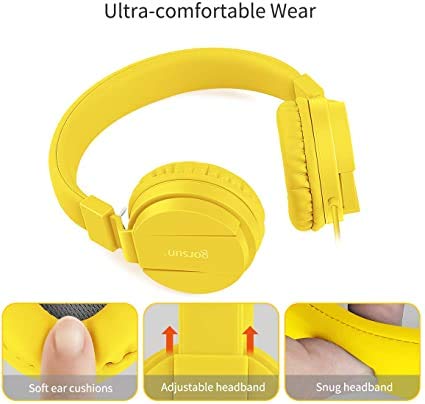 Gorsun® Auriculares para Niños,Plegable Cómodos Auriculares Niños con Seguro Material,Auriculares Infantiles con Ligera Diadema,Estéreo Cerrados Cascos para Niños -Amarillo