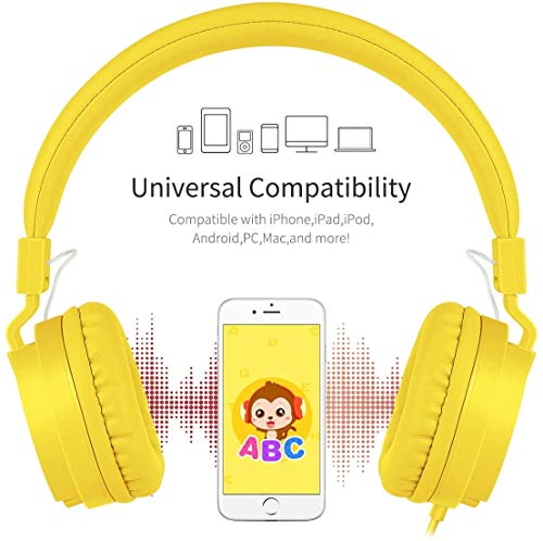 Gorsun® Auriculares para Niños,Plegable Cómodos Auriculares Niños con Seguro Material,Auriculares Infantiles con Ligera Diadema,Estéreo Cerrados Cascos para Niños -Amarillo