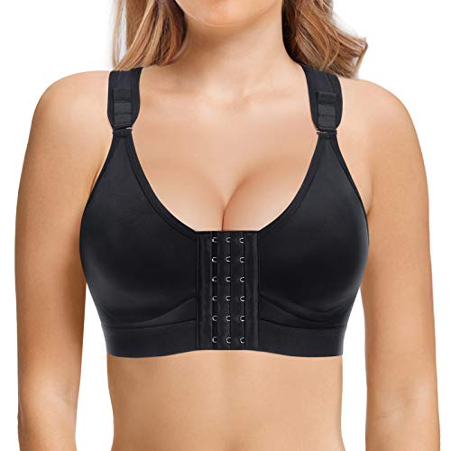 Gotoly Mujer Sujetador Deportivo de Cierre Frontal Sujetador para Postoperatorio Ropa interio sin Costura Racerback (Negro, Large)