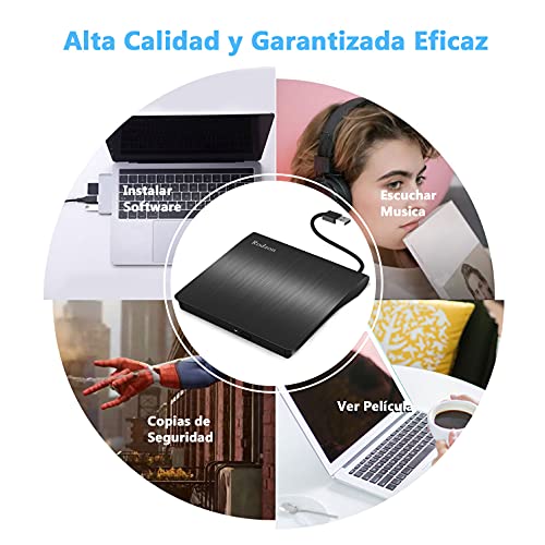 Grabadora CD / DVD Externa Usb 3.0, Rodzon Unidades de DVD Externa Portátil CD / DVD /-RW / ROM Estable con Lector / Quemador / Re - Quemador para Win 10 / 8 / 7 / XP / Vista / Linux / Mac OS