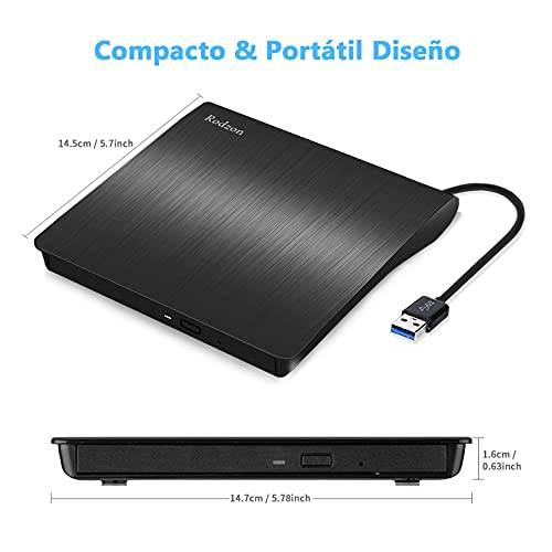 Grabadora CD / DVD Externa Usb 3.0, Rodzon Unidades de DVD Externa Portátil CD / DVD /-RW / ROM Estable con Lector / Quemador / Re - Quemador para Win 10 / 8 / 7 / XP / Vista / Linux / Mac OS