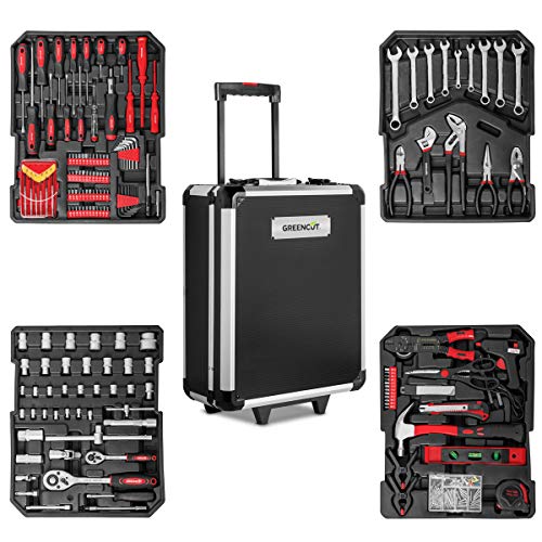 GREENCUT TOOLS819 - Set de herramientas con 819 piezas, Maleta trolley 2 ruedas y asa telescopica, Juego de Herramientas de reparación hogar Piezas Taller