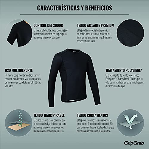 GripGrab Camiseta Interior Térmica Cortavientos Manga Larga Windbreaking de Invierno Transpirable Anti Olor, Adultos Unisex, Negro, M