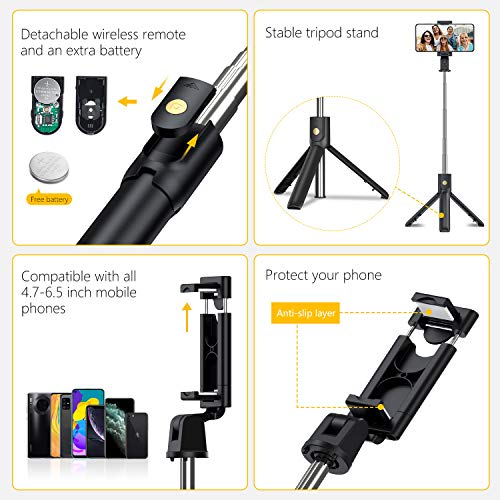 Gritin Palo Selfie Trípode, 3 en 1 Selfie Stick Móvil Bluetooth con Inalámbrico Control Remoto, Monópode Extensible para Phone 11 Pro Max / 11 Pro / XS Max / XR / 8, Galaxy S10 / S9 , Huawei, Xiaomi