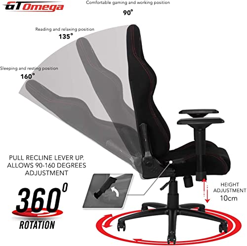 GT OMEGA Pro Racing Silla de Juegos de Tela con Soporte Lumbar, Silla de Oficina Ergonómica y Transpirable con Reposabrazos Ajustable 4D y Respaldo Reclinable, Silla para Consola de Juegos - Negro