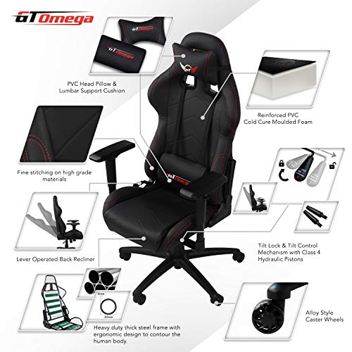 GT OMEGA Pro Silla de Juego Racing con Soporte Lumbar Silla de Oficina Ergonómica de Cuero con 4D Reposabrazos Ajustable y Respaldo Reclinable - Esport Seat para Consola de Juegos - Negro