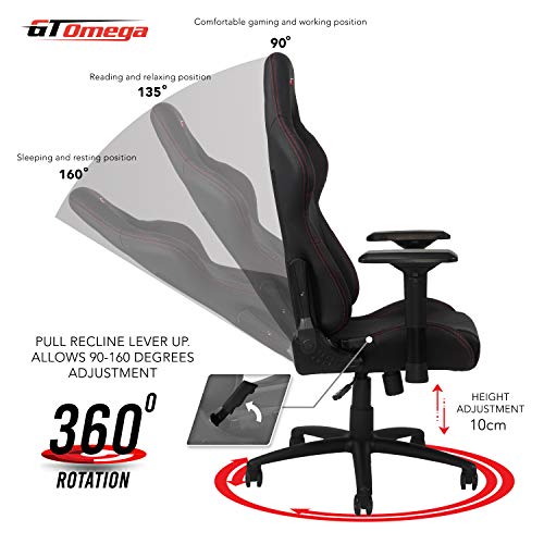 GT OMEGA Pro Silla de Juego Racing con Soporte Lumbar Silla de Oficina Ergonómica de Cuero con 4D Reposabrazos Ajustable y Respaldo Reclinable - Esport Seat para Consola de Juegos - Negro