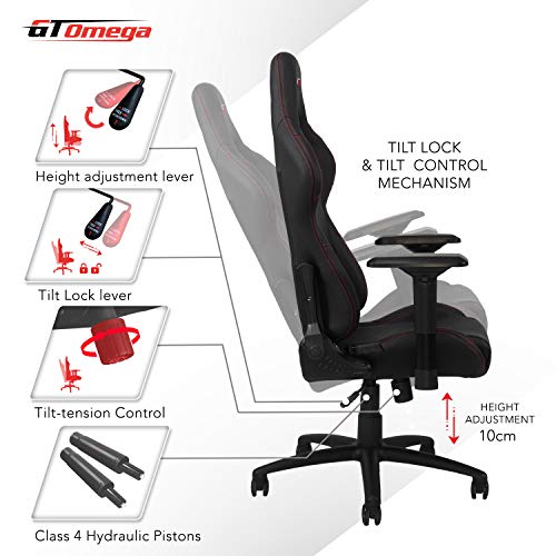 GT OMEGA Pro Silla de Juego Racing con Soporte Lumbar Silla de Oficina Ergonómica de Cuero con 4D Reposabrazos Ajustable y Respaldo Reclinable - Esport Seat para Consola de Juegos - Negro