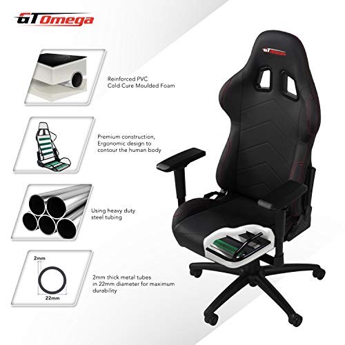 GT OMEGA Pro Silla de Juego Racing con Soporte Lumbar Silla de Oficina Ergonómica de Cuero con 4D Reposabrazos Ajustable y Respaldo Reclinable - Esport Seat para Consola de Juegos - Negro