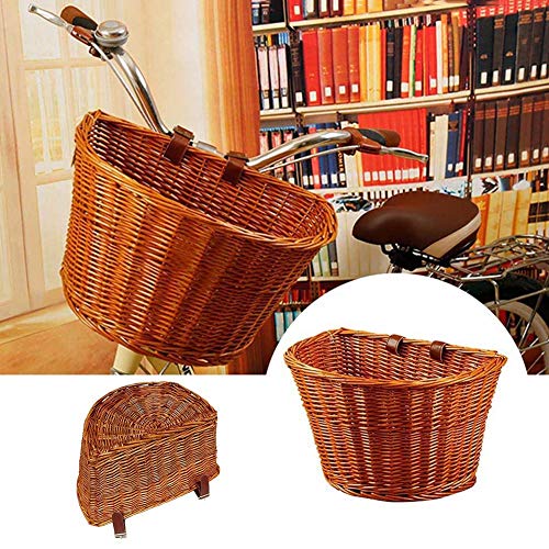 Guajave Cesta de mimbre para bicicleta, cesta delantera de mimbre tradicional, con correas de cuero, accesorios para bicicletas