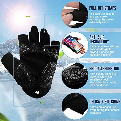 Guantes de Ciclismo de Bicicleta Guantes de Bicicleta de Carretera de Medio-Dedo para Hombres Mujeres Acolchado Antideslizante Transpirable (#Negro, L)