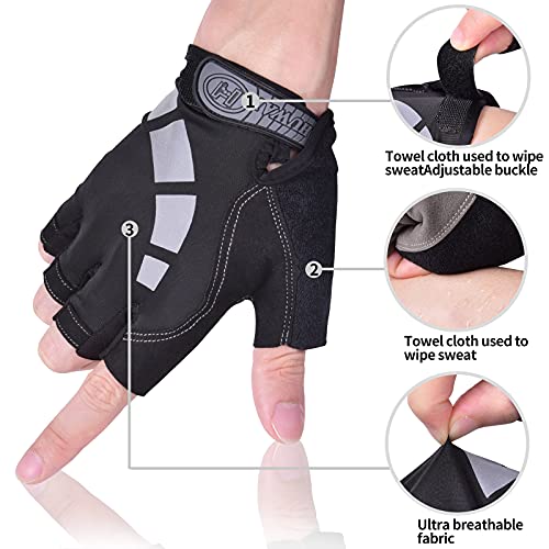 Guantes de Ciclismo Hombre Guantes Verano de Bici de Carretera Guantes Deportivos para Gimnasio Antideslizante Transpirable Guantes Reflectantes MTB Guantes de Medio Dedo para Hombre y Mujer, Negro L