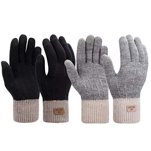 Guantes de Invierno 2 Pares Calentar Manoplas de Punto para Pantalla Táctil para Mujer Hombre Negro + Gris