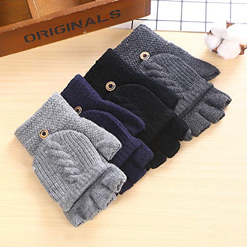 Guantes de Invierno Flip sin Dedos， Guantes sin Dedos Convertibles, Guantes Unisex Mitones de Lana de Punto Caliente Manoplas con Mitten Cover （Negro）