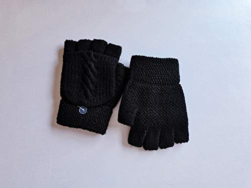 Guantes de Invierno Flip sin Dedos， Guantes sin Dedos Convertibles, Guantes Unisex Mitones de Lana de Punto Caliente Manoplas con Mitten Cover （Negro）