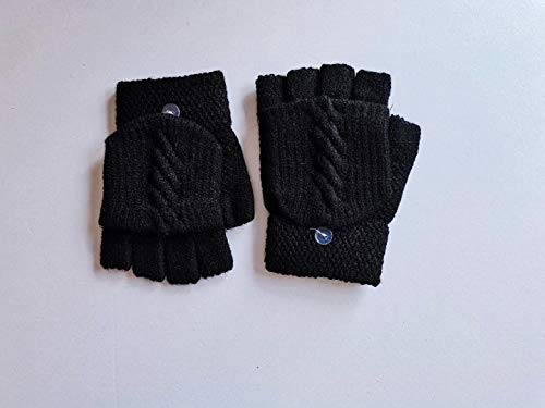 Guantes de Invierno Flip sin Dedos， Guantes sin Dedos Convertibles, Guantes Unisex Mitones de Lana de Punto Caliente Manoplas con Mitten Cover （Negro）