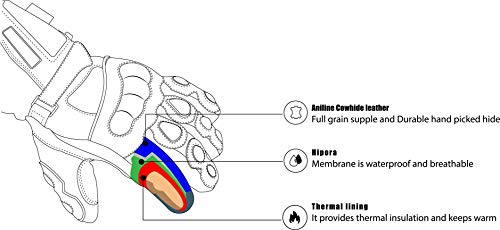 Guantes para moto de piel impermeables (perfectos para invierno, cuero), color negro