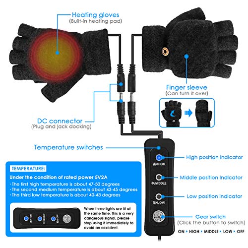 Guantes térmicos USB unisex con calefacción, guantes de invierno, 3 ajustes de temperatura, guantes de ordenador portátil para mujer, para hombre, mejor elección de regalo de invierno