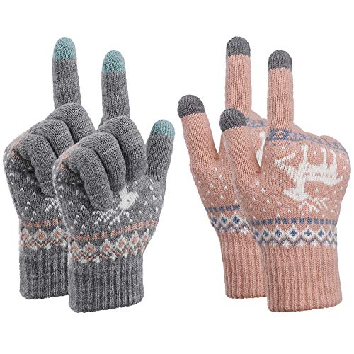 Guantes Touch Screen para Mujer Elástico Guantes de Punto para Pantalla Táctil Guantes de Cálidos Invierno Talla única 2 Pares (Rosa y Gris)