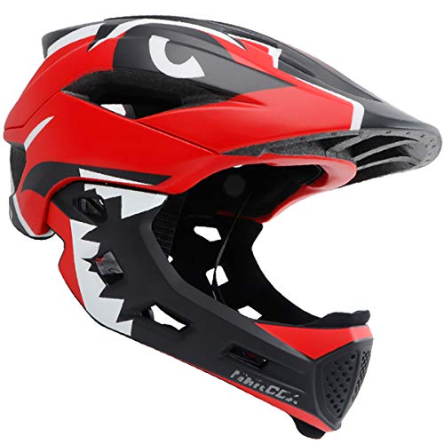 GUOHAPPY Casco Moto Niño, Casco Integral de Descenso para Bicicleta de Cara Completa con mentonera Desmontable, Adecuado para Patines de Bicicleta de Equilibrio (48-56 cm),Rojo