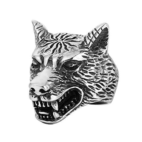 GXL&YZQ Anillos para Hombres Infierno Animal Animal Lobo Perro Acero Inoxidable Pareja Cool Retro Hecho A Mano Prevención De Alergias Joyería De Halloween Regalo De Cumpleaños Accesorios,10