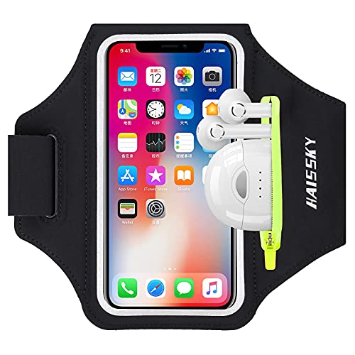 HAISSKY Brazalete Deportivo para Correr con Bolsa de Auriculares, Brazalete Móvil Deportivo Ajustable para iPhone 12 11 Pro XS MAX XR X, Galaxy S10 Plus/S10e, hasta 6,5" (Negro)