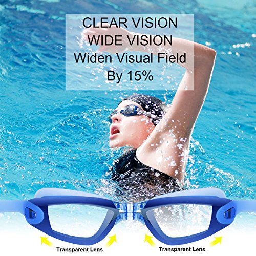 HAISSKY Gafas de Natación, Antiniebla Protección UV Sin Fugas Gafas Natación con Libre Clip de Nariz Enchufe de oído Gorro de baño para Hombres Mujeres Adultos Niños de la Juventud (Azul)