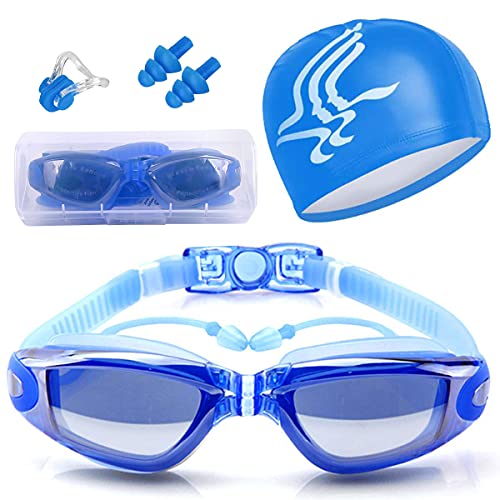 HAISSKY Gafas de Natación, Antiniebla Protección UV Sin Fugas Gafas Natación con Libre Clip de Nariz Enchufe de oído Gorro de baño para Hombres Mujeres Adultos Niños de la Juventud (Azul)