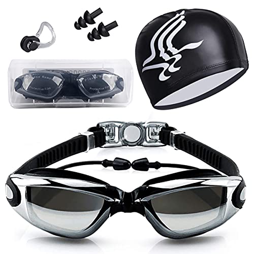 HAISSKY Gafas de Natación, Antiniebla Protección UV Sin Fugas Gafas Natación con Libre Clip de Nariz Enchufe de oído Gorro de baño para Hombres Mujeres Adultos Niños de la Juventud (Negro)