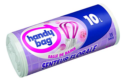 Handy Bag Rollo de 15 bolsas de basura 10 L, asas deslizantes, ultraresistente, antifugas, 45 x 45 cm, aroma floral de baño