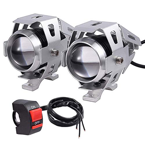 HANEU Faros Delanteros Moto 2PCS Impermeable Anti-Herrumbre CREE U5 LED Luz Frontal Motocicleta con 3 Modos Super Brillante 125W 3000LM Luz Antiniebla Ajustable de Aleación de Aluminio (Plata)