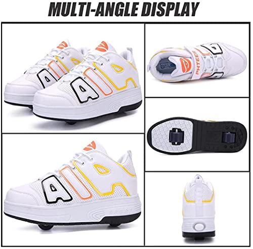 HANHJ Ruedas Zapatos Niños Ligeros Rodillos Zapatos con Ruedas Zapatillas Patinetas Cómodas para Niños Niños Adultos Jóvenes con Botones Ajustables Zapatillas Deporte,White-38