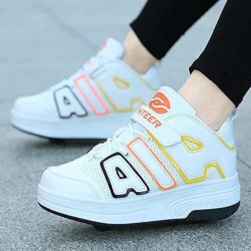 HANHJ Ruedas Zapatos Niños Ligeros Rodillos Zapatos con Ruedas Zapatillas Patinetas Cómodas para Niños Niños Adultos Jóvenes con Botones Ajustables Zapatillas Deporte,White-38